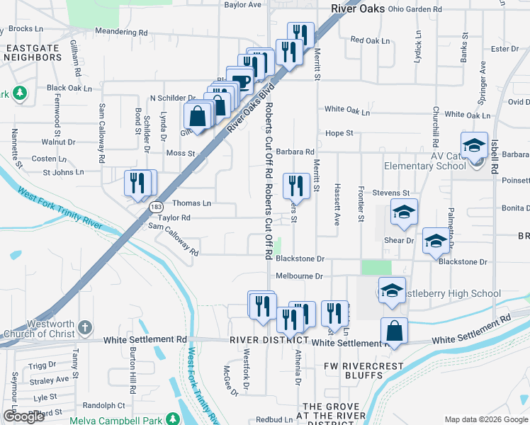 map of restaurants, bars, coffee shops, grocery stores, and more near 408 Roberts Cut Off Road in River Oaks