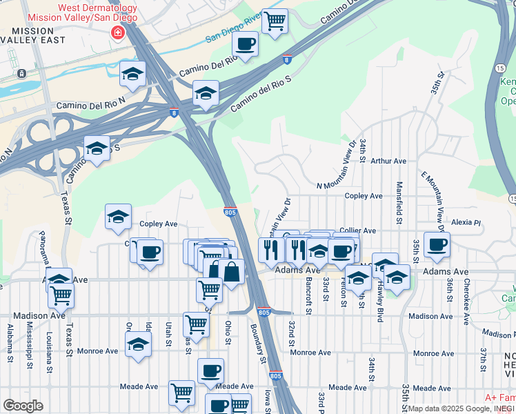 map of restaurants, bars, coffee shops, grocery stores, and more near 4869 Kenmore Terrace in San Diego