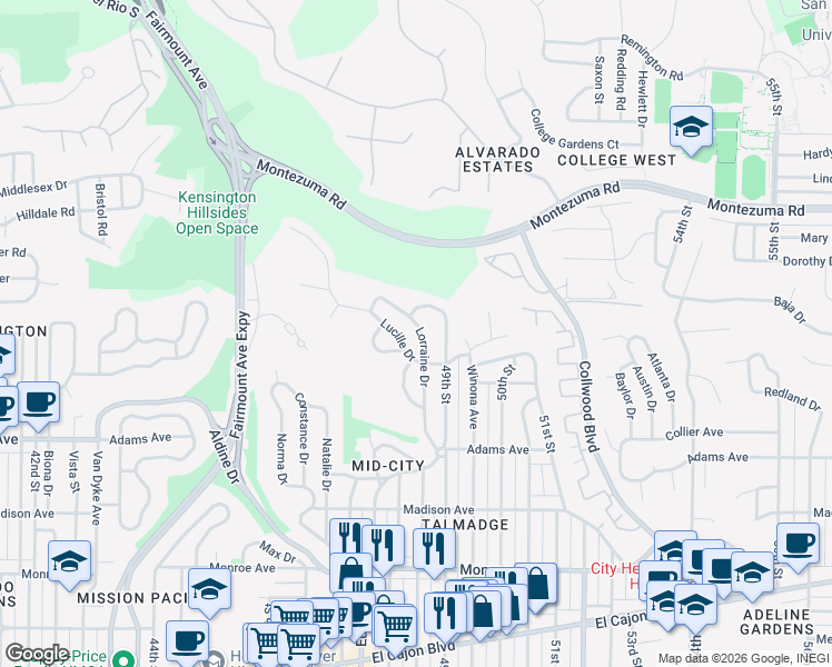 map of restaurants, bars, coffee shops, grocery stores, and more near 4866 Lorraine Drive in San Diego