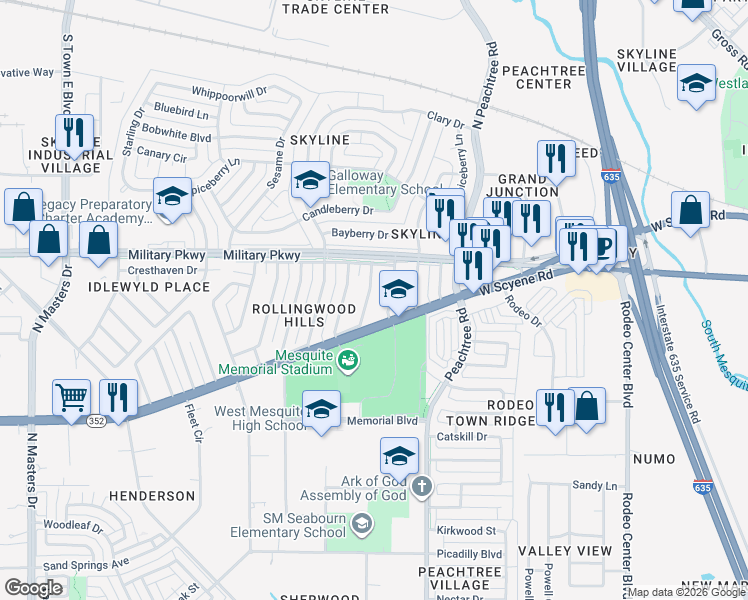 map of restaurants, bars, coffee shops, grocery stores, and more near 213 Glenridge Drive in Mesquite