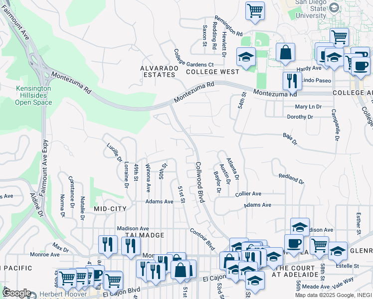 map of restaurants, bars, coffee shops, grocery stores, and more near 4606 Collwood Lane in San Diego