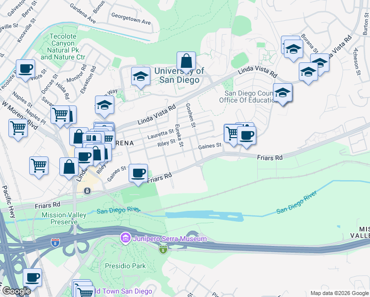 map of restaurants, bars, coffee shops, grocery stores, and more near 5757 Gaines Street in San Diego