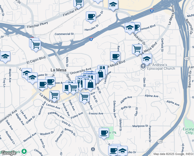 map of restaurants, bars, coffee shops, grocery stores, and more near 8405-7 La Mesa Boulevard in La Mesa