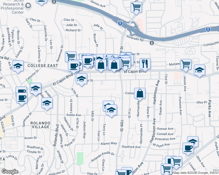 map of restaurants, bars, coffee shops, grocery stores, and more near 6959 Eberhart Street in San Diego