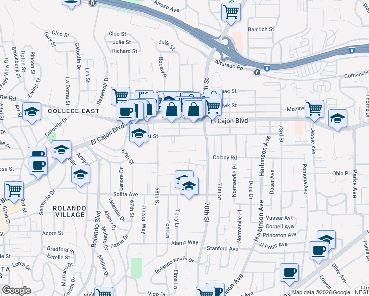 map of restaurants, bars, coffee shops, grocery stores, and more near 6850 Rosefield Drive in San Diego