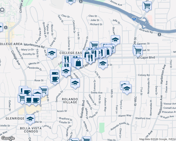 map of restaurants, bars, coffee shops, grocery stores, and more near 4801 Rolando Boulevard in San Diego
