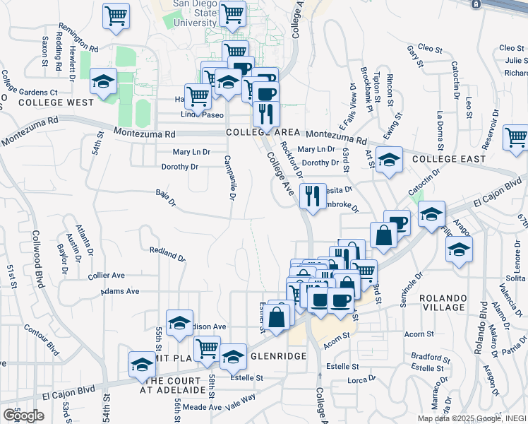 map of restaurants, bars, coffee shops, grocery stores, and more near 4851 60th Street in San Diego
