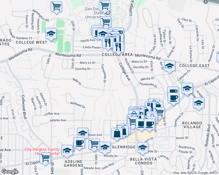 map of restaurants, bars, coffee shops, grocery stores, and more near 5867 Baja Drive in San Diego
