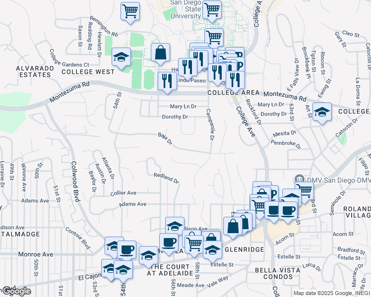 map of restaurants, bars, coffee shops, grocery stores, and more near 5718 Campanile Way in San Diego
