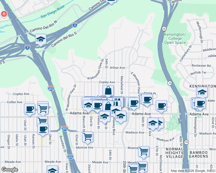 map of restaurants, bars, coffee shops, grocery stores, and more near 4824 Hawley Boulevard in San Diego