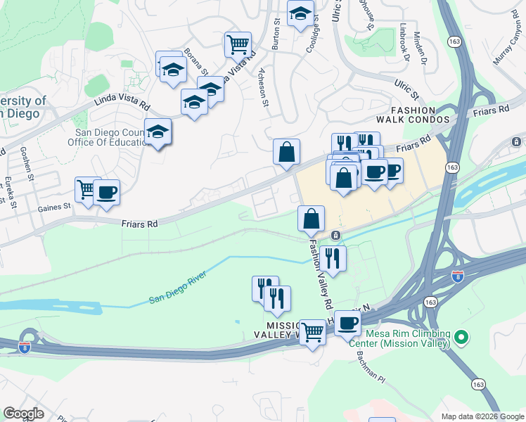 map of restaurants, bars, coffee shops, grocery stores, and more near 6737 Friars Road in San Diego