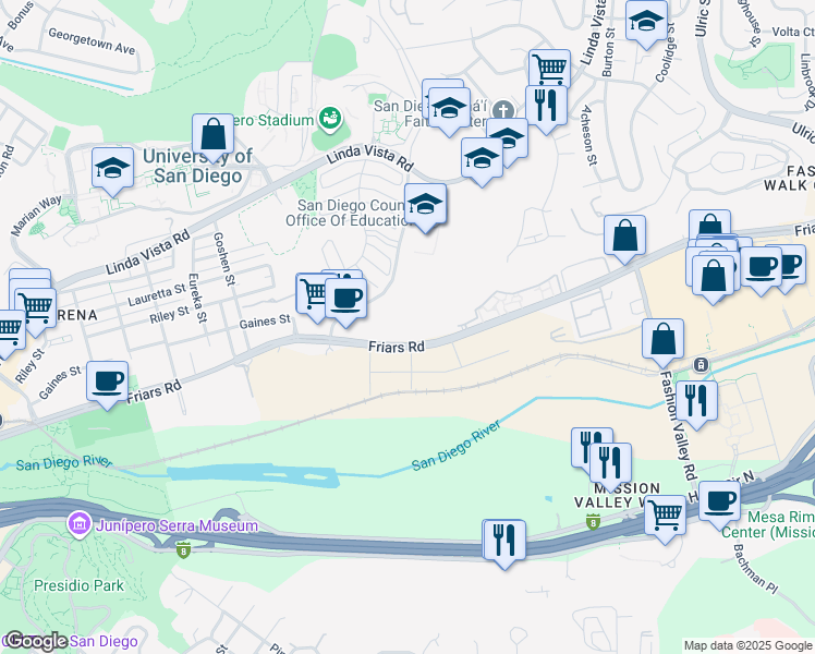 map of restaurants, bars, coffee shops, grocery stores, and more near 6416 Friars Road in San Diego