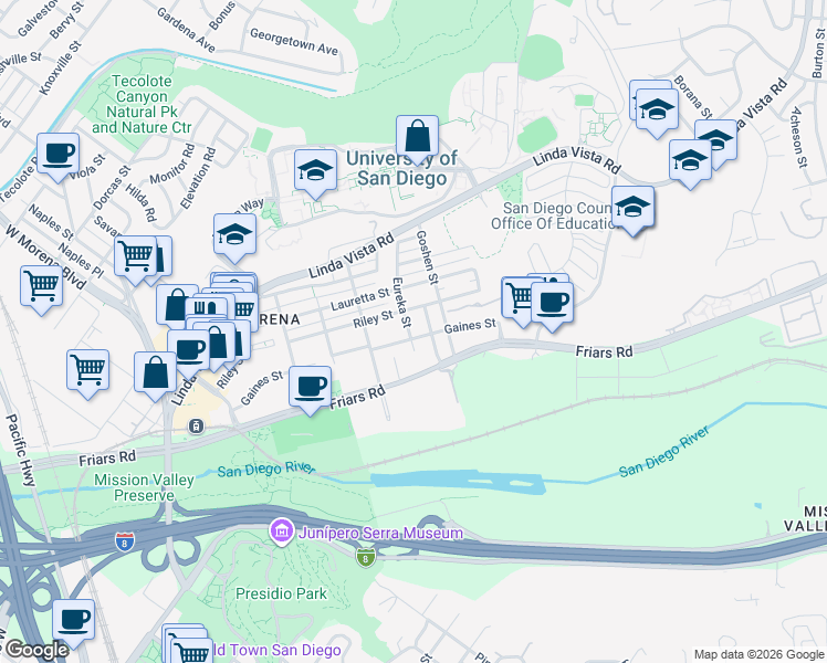 map of restaurants, bars, coffee shops, grocery stores, and more near 5757 Gaines Street in San Diego