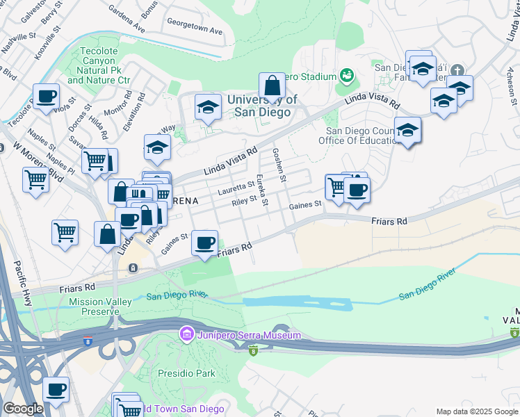 map of restaurants, bars, coffee shops, grocery stores, and more near 5757 Gaines Street in San Diego