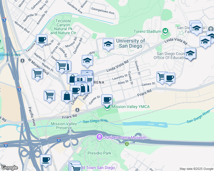 map of restaurants, bars, coffee shops, grocery stores, and more near 5604 Gaines Street in San Diego