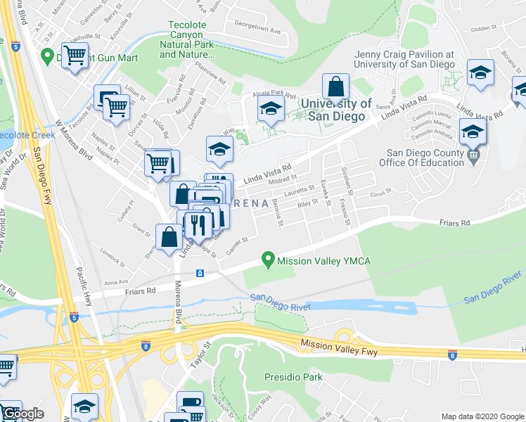map of restaurants, bars, coffee shops, grocery stores, and more near 5604 Gaines Street in San Diego