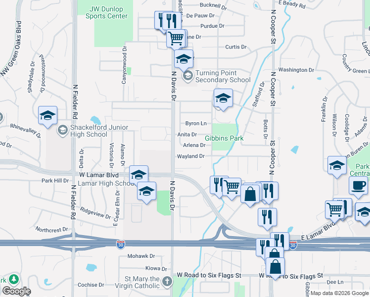 map of restaurants, bars, coffee shops, grocery stores, and more near 1102 Wayland Drive in Arlington