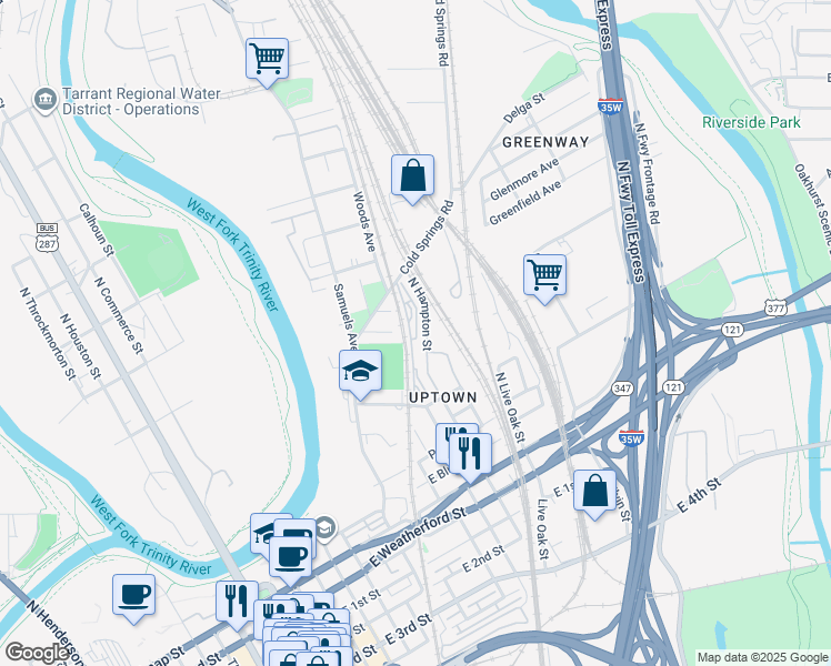 map of restaurants, bars, coffee shops, grocery stores, and more near 1110 Garvey Street in Fort Worth