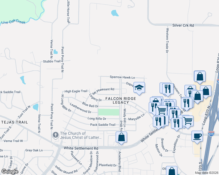 map of restaurants, bars, coffee shops, grocery stores, and more near 9932 Peregrine Trail in Fort Worth