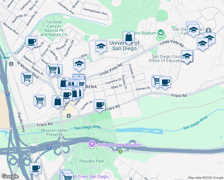 map of restaurants, bars, coffee shops, grocery stores, and more near 5653 Riley Street in San Diego