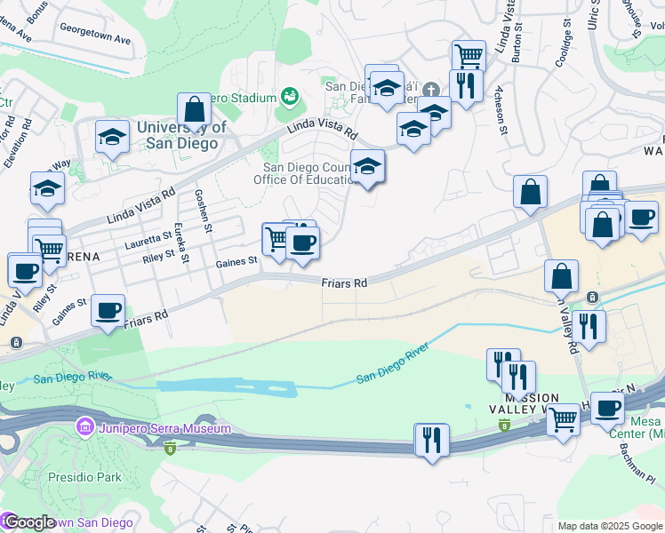 map of restaurants, bars, coffee shops, grocery stores, and more near 6314 Friars Road in San Diego