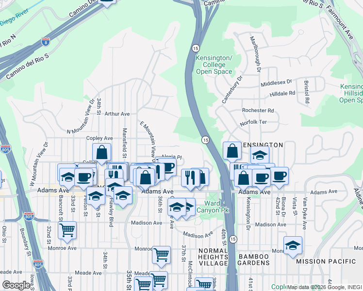 map of restaurants, bars, coffee shops, grocery stores, and more near 3664 Alexia Place in San Diego