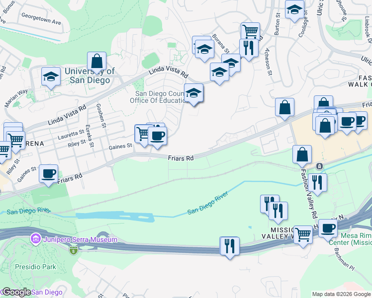 map of restaurants, bars, coffee shops, grocery stores, and more near 6416 Friars Road in San Diego