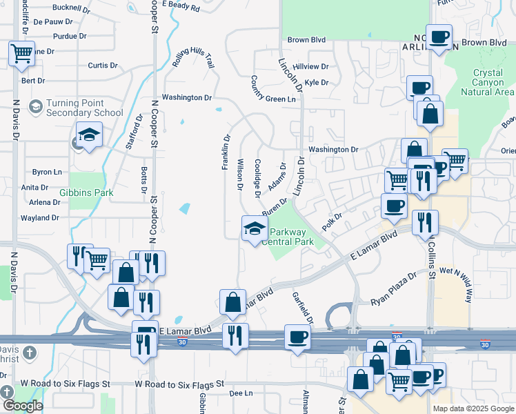 map of restaurants, bars, coffee shops, grocery stores, and more near 2016 Van Buren Drive in Arlington
