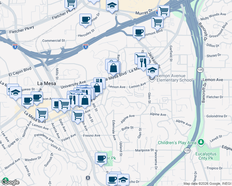 map of restaurants, bars, coffee shops, grocery stores, and more near 8535 Hillcrest Avenue in La Mesa