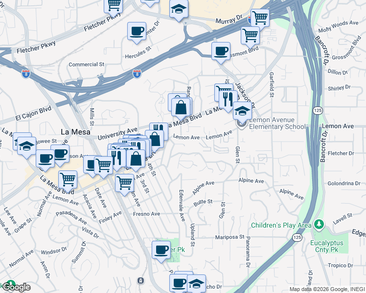 map of restaurants, bars, coffee shops, grocery stores, and more near 8535 Hillcrest Avenue in La Mesa