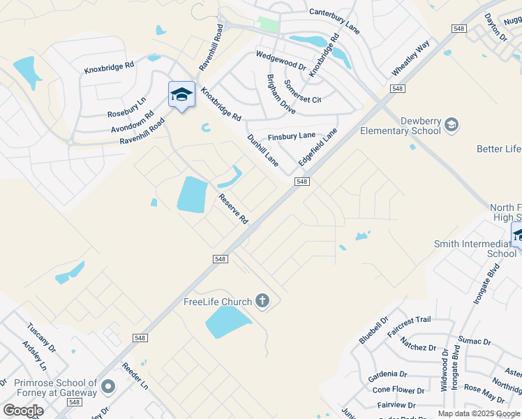 map of restaurants, bars, coffee shops, grocery stores, and more near 14713 Farm to Market 548 in Forney