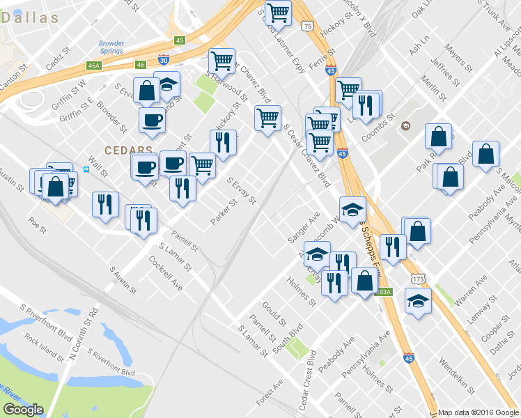map of restaurants, bars, coffee shops, grocery stores, and more near 2402 South Ervay Street in Dallas