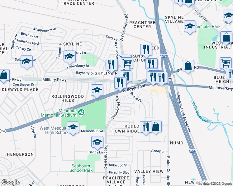 map of restaurants, bars, coffee shops, grocery stores, and more near 201 Peachtree Road in Mesquite