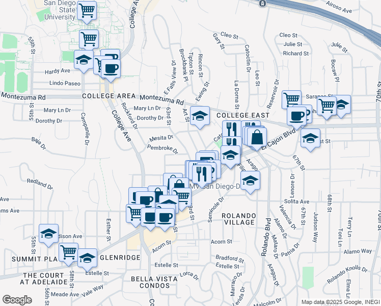 map of restaurants, bars, coffee shops, grocery stores, and more near 4944 Art Street in San Diego
