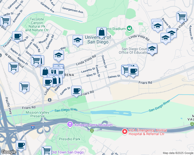 map of restaurants, bars, coffee shops, grocery stores, and more near 5772 Riley Street in San Diego