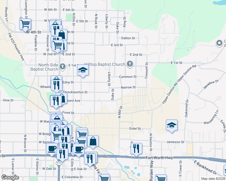 map of restaurants, bars, coffee shops, grocery stores, and more near 616 Duke Street in Weatherford