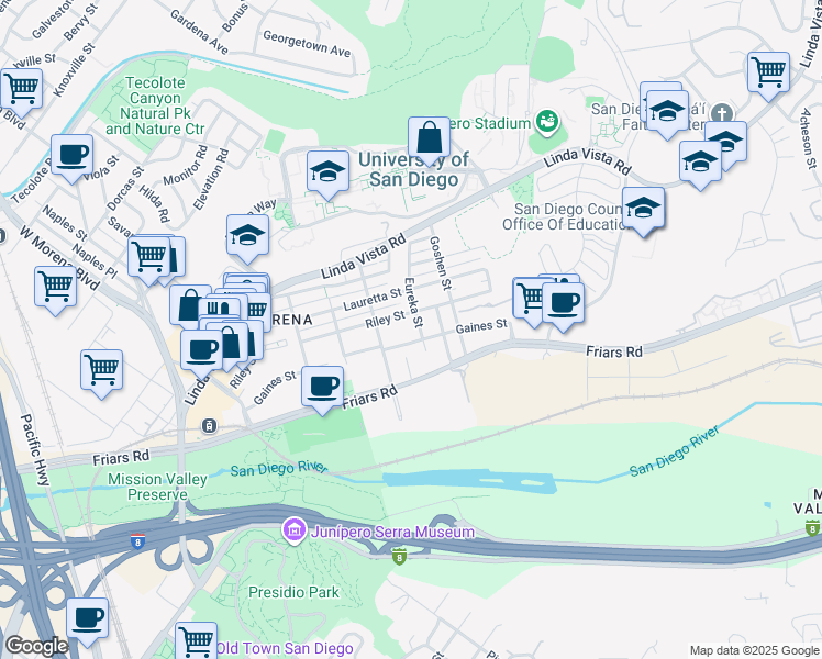 map of restaurants, bars, coffee shops, grocery stores, and more near 1124 Eureka Street in San Diego