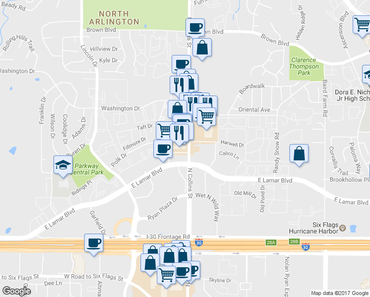 map of restaurants, bars, coffee shops, grocery stores, and more near 899 Cottoncreek Dr in Arlington