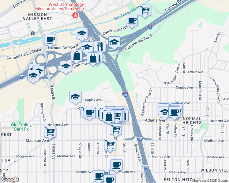map of restaurants, bars, coffee shops, grocery stores, and more near 2936 Copley Avenue in San Diego