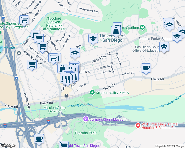 map of restaurants, bars, coffee shops, grocery stores, and more near 5548 Riley Street in San Diego