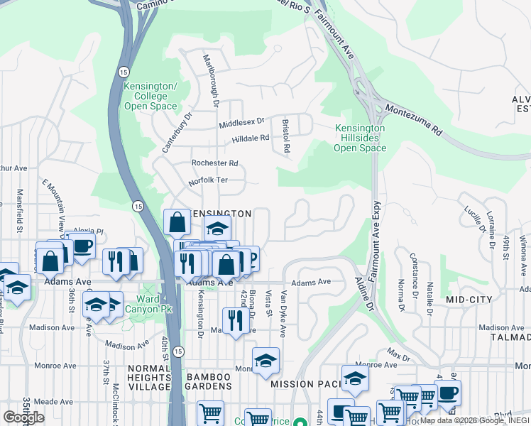 map of restaurants, bars, coffee shops, grocery stores, and more near 4890 Vista Street in San Diego