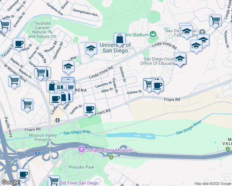 map of restaurants, bars, coffee shops, grocery stores, and more near 1124 Eureka Street in San Diego