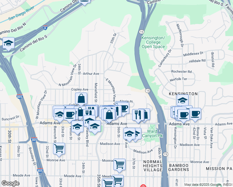 map of restaurants, bars, coffee shops, grocery stores, and more near 4901 East Mountain View Drive in San Diego