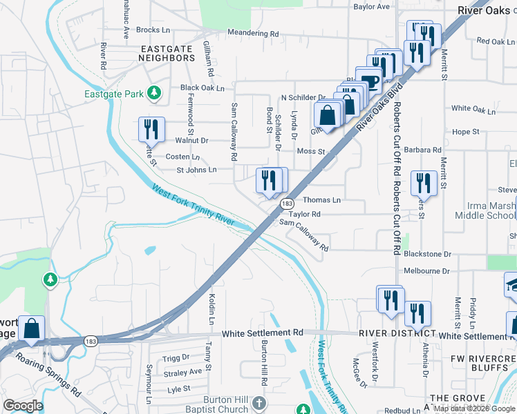 map of restaurants, bars, coffee shops, grocery stores, and more near 5750 Sam Calloway Road in Fort Worth