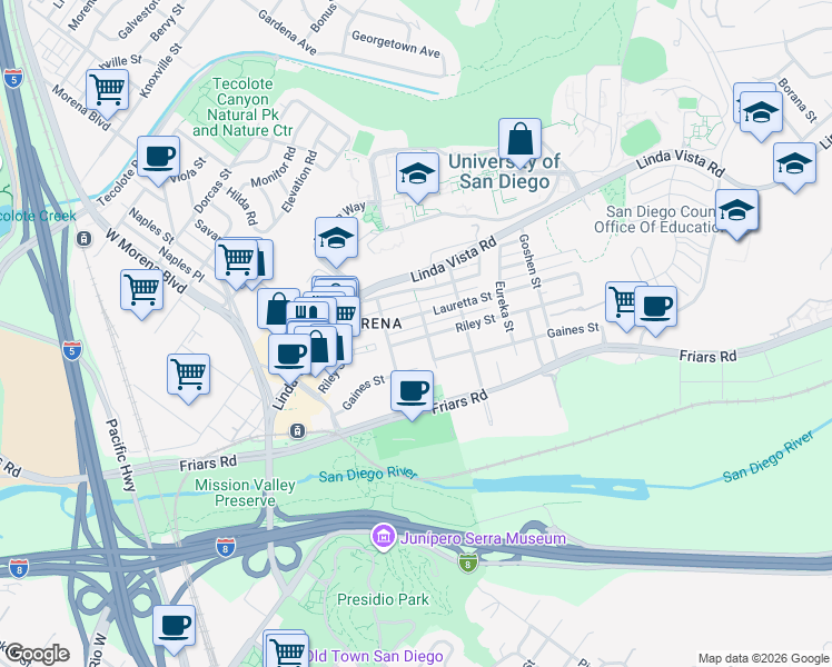 map of restaurants, bars, coffee shops, grocery stores, and more near 5604 Lauretta Street in San Diego