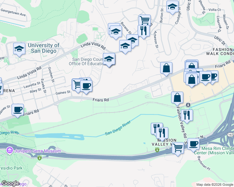 map of restaurants, bars, coffee shops, grocery stores, and more near 6450 Friars Road in San Diego