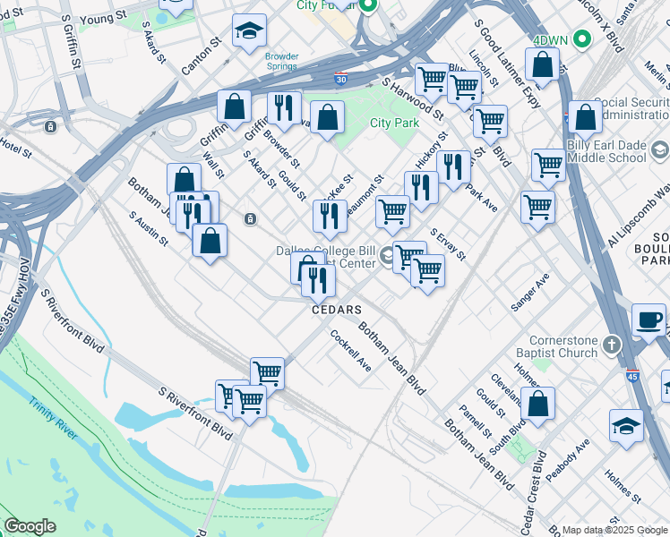 map of restaurants, bars, coffee shops, grocery stores, and more near 1919 South Akard Street in Dallas