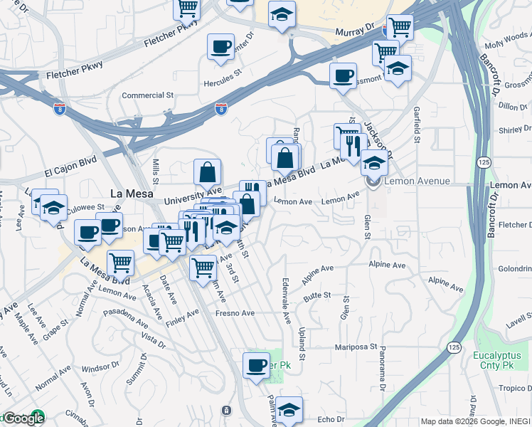 map of restaurants, bars, coffee shops, grocery stores, and more near 8502 Lemon Avenue in La Mesa