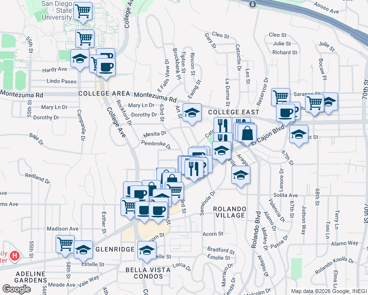 map of restaurants, bars, coffee shops, grocery stores, and more near 4944 Art Street in San Diego