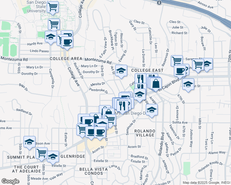 map of restaurants, bars, coffee shops, grocery stores, and more near 4944 Art Street in San Diego